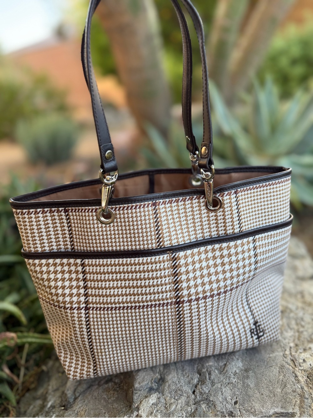 Lauren Ralph Lauren Brown Houndstooth Vintage SmallTote Bag with Dark Brown Trim